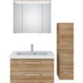 Badmöbel-Set SAPHIR "Balto Sprint 3-teilig, Mineralmarmor-Waschtisch mit LED-Spiegelschrank" Kastenmöbel-Sets Gr. B/H/T: 122cm x 200cm x 50,8cm, 1 Mineralmarmor-Waschtisch weiß-1 Waschtischunterschrank mit 2 Auszügen-1 Spiegelschrank mit 2 Drehtüren-1 LED-Lichtkranz-1 Midischrank mit 1 Drehtür, 2 Auszügen, braun (riviera eiche quer nachbildung) Badezimmer Set mit Midischrank, inkl Türdämpfer, 4 Tü