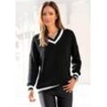 V-Ausschnitt-Pullover LASCANA Gr. 32/34, schwarz Damen Pullover mit Streifen-Details, weicher Strickpullover, casual-chic