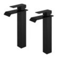 2x Wasserhahn Bad Wasserfall Badarmaturen Schwarz Waschbecken Armatur Waschtischarmatur Hoch Einhandmischer Mischbatterie für Badzimmer Schwarz