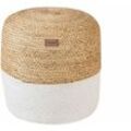 Pouf Weiß und Beige zweifarbig Baumwolle und Jute rund ⌀ 46 cm Boho Stil Indoor Sitzpouf für Wohnzimmer Schlafzimmer Flur Diele Garderobe