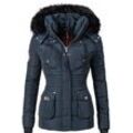 Steppjacke MARIKOO "Vanilla", Damen, Gr. L (40), blau (mittelblau), Obermaterial: 100% Polyester, Futter: 100% Polyester, Kunstpelz: 100% Polyacryl, modisch, figurbetont Po-bedeckend, Langarm Ärmel ohne Ärmelschlitz Rippstrickbündchen kontrastfarben, Jacken, edle Winterjacke m. Kunstfellkapuze