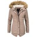 Wintermantel MARIKOO "Akira", Damen, Gr. L (40), grau (taupe), Obermaterial: 90% Polyester, 10% Nylon, Futter: 100% Polyester, Wattierung: 100% Polyester, Ärmelfutter: 100% Polyester, Kunstpelz: 90% Polyacryl, 10% Polyester, casual, figurbetont Po-bedeckend, hoch geschlossener Ausschnitt, Mäntel, edler Winterparka mit Kunstfellkapuze