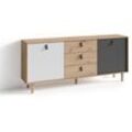 Sideboard bill / Kommode Artisan Eiche Optik hellbraun / Schrank mit 1 Tür und 3 Schubkästen / Fronten in weiß und grau / Schlaufen-Griffe / b 180, h