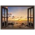 Wandbild ARTLAND "Fensterblick Sonnenuntergang am Meer" Bilder Gr. B/H: 100 cm x 70 cm, Leinwandbild Fensterblick, 1 St., braun als Alubild, Outdoorbild, Leinwandbild, Poster, Wandaufkleber