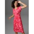 Sommerkleid ANISTON SELECTED, Damen, Gr. 34, N-Gr, pink (pink, rot), Single Jersey, Obermaterial: 95% Viskose, 5% Elasthan, bedruckt, geblümt, modisch, figurbetont knieumspielend, Rundhals, Kurzarm, Kleider Strandkleid, mit Palmen und Blüten in Knallfarbe