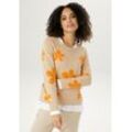 Rundhalspullover ANISTON SELECTED Gr. 36, orange (beige, orange, goldfarben) Damen Pullover mit goldfarbenen Details im Blumenmuster Bestseller