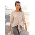 Strickpullover LASCANA Gr. 32/34, beige (beige, meliert) Damen Pullover mit U-Boot-Ausschnitt und Knoten-Detail, casual-chic