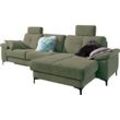 Ecksofa 3C CARINA "Burnaby L-Form", grün (oliv), B:296cm H:87cm T:162cm, Chenille-Optik (59, 7% Polyester, 34, 4% Polyacryl, 5, 9% Viskose), Sofas, 2 Kopfstützen, optional mit Schlaf- und motorischer Relaxfunktion