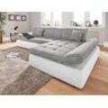 Ecksofa DOMO COLLECTION "PB Moric wahlweise mit Bettfunktion + Armteilverstellung, L-Form", weiß (weiß, weiß, grau, grau), B:300cm H:80cm T:172cm, Kunstleder SOFTLUX / Struktur (90% Polyester, 10% Polyacryl), Zierkissen: Struktur (90% Polyester, 10% Polyacryl), Microfaser PRIMABELLE (100% Polyester) / Struktur (90% Polyester, 10% Polyacryl), Sofas, im XXL-Format, B/T/H:300/172/80 cm, feine Steppun