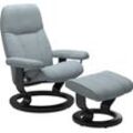 Relaxsessel STRESSLESS "Consul" Sessel Gr. Struktur fein JASMINE, Classic Base Schwarz, Plus™System-Gleitsystem-Relaxfunktion-Drehfunktion-Kopfstützenverstellung-Rückteilverstellung, B/H/T: 72 cm x 94 cm x 70 cm, blau (light blue jasmine) mit Hocker, Classic Base, Größe S, Gestell Schwarz