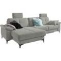 Ecksofa 3C CARINA "Burnaby L-Form", grau (hellgrau), B:296cm H:87cm T:162cm, Chenille-Optik (59, 7% Polyester, 34, 4% Polyacryl, 5, 9% Viskose), Sofas, 2 Kopfstützen, optional mit Schlaf- und motorischer Relaxfunktion