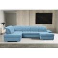 Wohnlandschaft WERK2 "Kordula-New U-Form", blau (hellblau), B:332cm H:105cm T:217cm, 95% Polyester, 5% Nylon, Sofas, Sofa in U-Form mit Schlaffunktion & Bettkasten, Schlafcouch