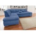 Ecksofa DOMO COLLECTION "NMoric incl. Zierkissen B/T/H: 273/216/80 cm L-Form", blau, B:273cm H:80cm T:216cm, Chenille (85% Polyester, 15% Acryl), Luxus-Microfaser (100% Polyester), Struktur ( 100% Polyester), Microfaser PRIMABELLE (100% Polyester), Sofas, Ottomanen-Abschluss, wahlweise mit Bettfunktion und Armlehnverstellung