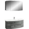 Badmöbel-Set SAPHIR "Cassca Sprint 2-teilig Mineralmarmor-Waschtisch mit LED-Spiegelschrank" Kastenmöbel-Sets Gr. B/H/T: 121cm x 200cm x 50,5cm, 1 Mineralmarmor-Waschtisch weiß-1 Waschtischunterschrank mit 2 Auszügen, 2 Drehtüren-1 Spiegelschrank mit 3 Drehtüren-1 Aufsatzleuchte, grau (graphit struktur quer nachbildung) Waschplatz 121 cm breit mit 5 Türen, 2 Schubladen, inkl. Türdämpfer