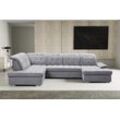 Wohnlandschaft WERK2 "Kordula-New U-Form", grau (hellgrau), B:332cm H:105cm T:217cm, 95% Polyester, 5% Nylon, Sofas, Sofa in U-Form mit Schlaffunktion & Bettkasten, Schlafcouch