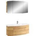 Badmöbel-Set SAPHIR "Cassca Sprint 2-teilig Mineralmarmor-Waschtisch mit LED-Spiegelschrank" Kastenmöbel-Sets Gr. B/H/T: 121cm x 200cm x 50,5cm, 1 Mineralmarmor-Waschtisch weiß-1 Waschtischunterschrank mit 2 Auszügen, 2 Drehtüren-1 Spiegelschrank mit 3 Drehtüren-1 Aufsatzleuchte, braun (riviera eiche quer nachbildung) Waschplatz 121 cm breit mit 5 Türen, 2 Schubladen, inkl. Türdämpfer