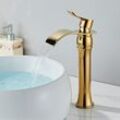 Wasserhahn Bad Wasserfall mit Hoch Auslauf Badarmatur Einhebelmischer Gold Mischbatterie Waschbeckenarmaturen