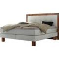 Boxspringbett HASENA "Memphis", weiß (weiß, akazie grau), B:158cm L:206cm, Komplettbetten, Boxspringbett, im Vintagelook, Massivholz-Umrandung, Tonnentaschen-Federkernmatratze