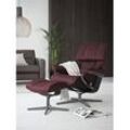 Relaxsessel STRESSLESS "Reno", rot (bordeaux batick), B:79cm H:99cm T:75cm, Leder BATICK: BATICK ist ein leicht korrigiertes, durchgefärbtes und genarbtes Möbelleder, bei dem die meisten Unebenheiten und Spuren in der Regel entfernt wurden., Sessel, mit Hocker, mit Cross Base, Größe S, M & L, Holzakzent Schwarz