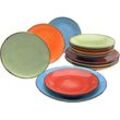 Tafelservice CREATABLE "Geschirr-Set NATURE COLLECTION Mediterran", bunt (orange, blau, grün, feuerrot), 12 tlg., Steinzeug, Geschirr-Sets, Service, 12 Teile, für 4 Personen