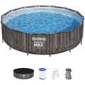 Framepool BESTWAY "Steel Pro MAX™", grau, B:427cm H:107cm L:427cm, Schwimmbecken, 5-tlg. Auftstellpool mit Filterpumpe Ø 427x107 cm, Holzoptik