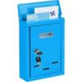 Briefkasten mit Namensschild, aus Metall, mit 2 Schlüsseln, Postkasten schmal, HxBxT: 26,5 x 19 x 6,5 cm, blau - Relaxdays