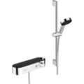 Duschsystem HANSGROHE "10,5cm, mit Duschkopf, Thermostat, Duschstange und Duschschlauch", silber (chrom), Metall, Brausegarnituren, Chrom