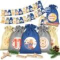 Adventskalender zum Befüllen 24 Jutebeutel Gedruckte Stoffbeutel Kinder Weihnachtskalender zum Selber Befüllen Inkl. 24x Schildchen 20x12cm / Blau /