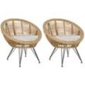 Gartenstuhl 2er Set Natürlich Rattan mit Schwarzem Metallgestell Auflagen Hellbeige Stoff Boho Garten Outdoor Indoor Terrasse Ausstattung Möbel