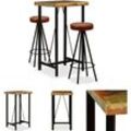 The Living Store 3-tlg. Bar-Set Altholz Massiv, Echtleder und Canvas - Essgruppen - Braun