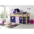 Halbhohes Spielbett ALEX Buche massiv natur lackiert mit Stoffset Kleider Kleider/Violett