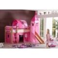 Halbhohes Spielbett ALEX mit Rutsche/Turm/Tunnel Buche massiv natur lackiert mit Stoffset pink/herz