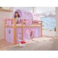 Halbhohes Spielbett ALEX Buche massiv natur lackiert mit Stoffset purple/rosa/herz