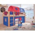 Halbhohes Spielbett ALEX Buche massiv natur lackiert mit Stoffset blau/rot