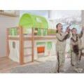 Halbhohes Spielbett ALEX Buche massiv natur lackiert mit Stoffset Beige/Grün