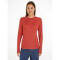 Rundhalspullover TOMMY HILFIGER "CO CABLE C-NK SWEATER" Gr. L (40), rot (terra red) Damen Pullover Feinstrickpullover mit Zopfmuster