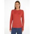 Rundhalspullover TOMMY HILFIGER "CO CABLE C-NK SWEATER", Damen, Gr. XL (42), rot (terra rot), Feinstrick, Obermaterial: 100% Baumwolle, unifarben, casual, normal hüftlang, Rundhals, Langarm Raglanärmel Rippstrickbündchen, Pullover, mit Zopfmuster