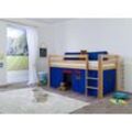 Halbhohes Spielbett ALEX Buche massiv natur lackiert mit Stoffset Vorhang blau/rot