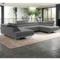 Wohnlandschaft U–Form Ecksofa Monaco Webstoff Grau mit Bett Bettkasten Kopfteilverstellung Bigsofa