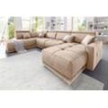 Wohnlandschaft DOMO COLLECTION "Ava U-Form" Sofas Gr. B/H/T: 351cm x 84cm x 222cm, Microfaser PRIMABELLE, Ottomane links, ohne Kopfteilverstellung (Gesamtbreite 346cm), beige (natur) mit Federkern, wahlweise Kopfteilverstellungen