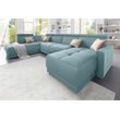 Wohnlandschaft DOMO COLLECTION "Ava U-Form" Sofas Gr. B/H/T: 351cm x 84cm x 222cm, Struktur fein, Ottomane links, ohne Kopfteilverstellung (Gesamtbreite 346cm), blau (aqua) mit Federkern, wahlweise Kopfteilverstellungen