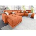 Wohnlandschaft DOMO COLLECTION "Ava U-Form" Sofas Gr. B/H/T: 351cm x 84cm x 222cm, Microfaser PRIMABELLE, Ottomane rechts, mit Kopfteilverstellung (Gesamtbreite 351cm), orange (terrakotta) mit Federkern, wahlweise Kopfteilverstellungen