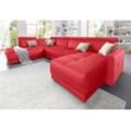 Wohnlandschaft DOMO COLLECTION "Ava U-Form" Sofas Gr. B/H/T: 351cm x 84cm x 222cm, Kunstleder SOFTLUX, Ottomane links, ohne Kopfteilverstellung (Gesamtbreite 346cm), rot mit Federkern, wahlweise Kopfteilverstellungen