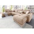 Wohnlandschaft DOMO COLLECTION "Ava U-Form" Sofas Gr. B/H/T: 351cm x 84cm x 222cm, Microfaser PRIMABELLE, Ottomane links, mit Kopfteilverstellung (Gesamtbreite 351cm), beige (natur) mit Federkern, wahlweise Kopfteilverstellungen