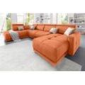 Wohnlandschaft DOMO COLLECTION "Ava U-Form" Sofas Gr. B/H/T: 351cm x 84cm x 222cm, Microfaser PRIMABELLE, Ottomane links, ohne Kopfteilverstellung (Gesamtbreite 346cm), orange (terrakotta) mit Federkern, wahlweise Kopfteilverstellungen