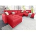 Wohnlandschaft DOMO COLLECTION "Ava U-Form" Sofas Gr. B/H/T: 351cm x 84cm x 222cm, Kunstleder SOFTLUX, Ottomane rechts, ohne Kopfteilverstellung (Gesamtbreite 346cm), rot mit Federkern, wahlweise Kopfteilverstellungen