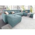 Wohnlandschaft DOMO COLLECTION "Ava U-Form" Sofas Gr. B/H/T: 351cm x 84cm x 222cm, Struktur fein, Ottomane rechts, ohne Kopfteilverstellung (Gesamtbreite 346cm), blau (aqua) mit Federkern, wahlweise Kopfteilverstellungen