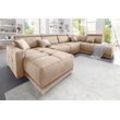 Wohnlandschaft DOMO COLLECTION "Ava U-Form" Sofas Gr. B/H/T: 351cm x 84cm x 222cm, Microfaser PRIMABELLE, Ottomane rechts, mit Kopfteilverstellung (Gesamtbreite 351cm), beige (natur) mit Federkern, wahlweise Kopfteilverstellungen