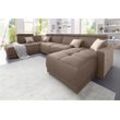 Wohnlandschaft DOMO COLLECTION "Ava U-Form" Sofas Gr. B/H/T: 351cm x 84cm x 222cm, Struktur fein, Ottomane links, mit Kopfteilverstellung (Gesamtbreite 351cm), beige mit Federkern, wahlweise Kopfteilverstellungen