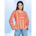 Rundhalspullover HEINE "Pullover", Damen, Gr. 36, orange (beige, orange, gemustert), 80% Viskose, 20% Polyamid, gemustert, gestreift, Langarm, Pullover